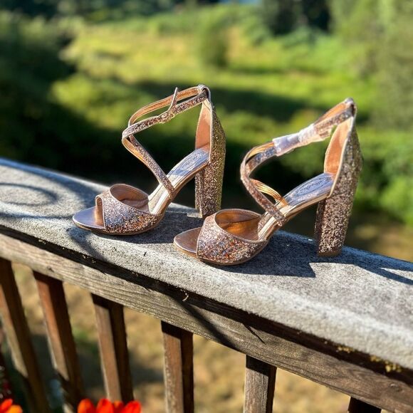 Italina Rose Gold Glitter Strappy Block Sandals - Picture 7 of 9